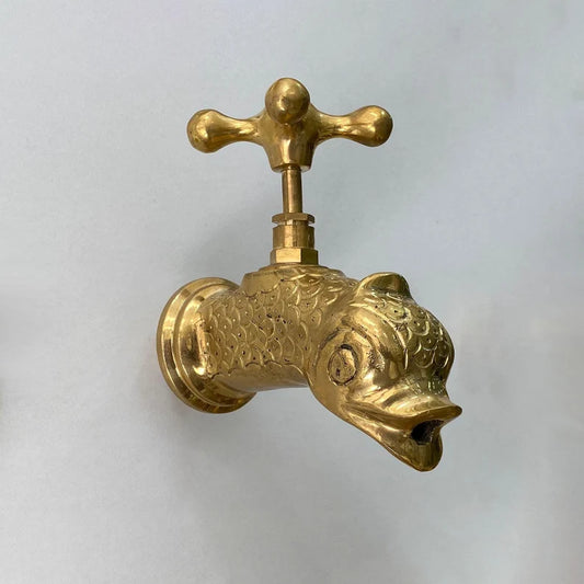 Unlacquered Brass Fish-Shaped Faucet , Engraved Wall Mount Cold Water Tap, Wall Mount Single Hole Faucet